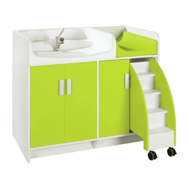 A multi-functional children's care station featuring a white cabinet base with bright lime green doors. The top surface integrates a white sink with a faucet on the left and a lime green bathing/changing basin on the right. A set of white pull-out steps with wheels is positioned on the right side, designed for young children to reach the sink. — 3D model (AI enhanced source)