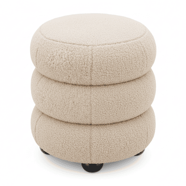 A light beige, plush ottoman featuring a unique stacked design composed of three rounded, tiered segments. It is upholstered in a textured bouclé fabric and rests on small, dark, spherical feet. — 3D model (AI enhanced source)