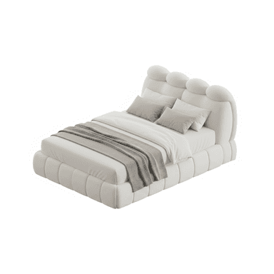 A contemporary low-profile bed featuring a distinctive upholstered headboard and platform base. The headboard is composed of several large, rounded, cloud-like upholstered sections, and the entire bed frame is covered in a textured, light-colored fabric, likely bouclé. It is shown with white bedding, neutral-toned pillows, and a grey throw blanket. — 3D model (AI enhanced source)