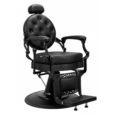 A vintage-style hydraulic barber chair featuring a tufted round backrest, padded seat and armrests, an adjustable headrest, and an integrated footrest. The frame is made of black cast metal with ornate detailing, and the chair sits on a stable circular base. — 3D model (AI enhanced source)