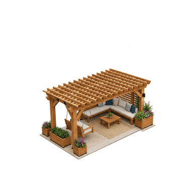 An aerial view of an outdoor living area featuring a light-toned wooden pergola structure. Beneath the pergola is an L-shaped sectional sofa with off-white cushions and blue/white throw pillows, a matching rectangular wooden coffee table, and a wooden swing bench with a light cushion. The area is laid out on a light-colored patio surface with a woven natural fiber rug under the seating. Several wooden planters with greenery and flowering plants are placed around the perimeter. — 3D model (AI enhanced source)