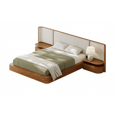 A modern platform bed featuring a low-profile wooden frame, an extended headboard with upholstered panels, and seamlessly integrated side tables with drawers. — 3D model (AI enhanced source)