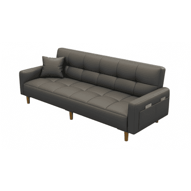 A modern sofa bed upholstered in dark grey faux leather, featuring distinctive grid-pattern tufting across both the seat and backrest. It has clean, straight armrests with integrated storage pockets on one side, and is supported by four tapered wooden legs. A matching throw pillow is included, resting on the seat. The design is contemporary and minimalist, indicating a convertible function. — 3D model (AI enhanced source)