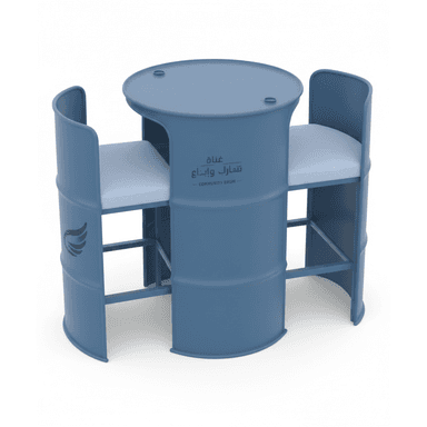 An integrated bistro set fashioned from repurposed industrial drums, painted in a matte blue finish. The unit features a central circular table and two integrated, armless stools with light-colored padded seats. The drum segments are cut and modified to form the table and seating, with internal bracing for stability and footrests for the stools. Arabic text and a wing-like logo are visible on the side of the central drum structure. — 3D model (AI enhanced source)