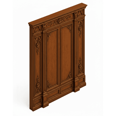 A decorative wooden wall panel with intricate carvings. The panel features a series of recessed sections bordered by raised molding. Prominent decorative elements include floral motifs, specifically roses and leaves, arranged in garlands and corner embellishments. The design exhibits a classical or baroque influence, with a strong emphasis on ornate detailing and symmetrical composition. The panel appears to be a standalone piece, possibly a section of a larger wall treatment or a decorative architectural element. — 3D model (AI enhanced source)