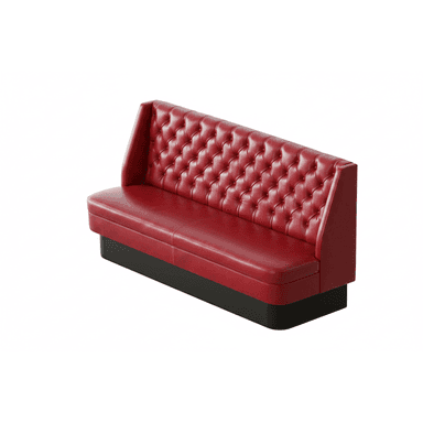A commercial-grade booth seating unit with a long, straight bench design. It features vibrant red upholstery on both the seat and the deeply button-tufted backrest, set upon a recessed black plinth base. — 3D model (AI enhanced source)