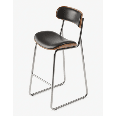 A modern bar stool featuring a bent plywood shell with black upholstered seat and backrest, supported by a sleek tubular metal sled base with an integrated footrest. — 3D model (AI enhanced source)