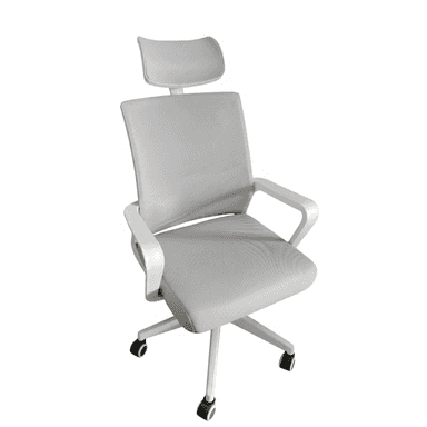 A modern ergonomic office chair featuring a light gray mesh backrest and seat, an adjustable headrest, and a white plastic frame with integrated armrests. The chair sits on a five-star base equipped with caster wheels for mobility. — 3D model (AI enhanced source)