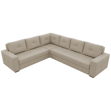 An L-shaped modular sectional sofa upholstered in a light beige textured fabric, featuring tufted back cushions and wide, flat armrests. — 3D model (AI enhanced source)