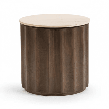 A cylindrical accent table featuring a light-colored natural stone top and a dark, fluted wood base, presented on a white background. — 3D model (AI enhanced source)
