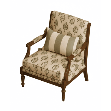 A traditional upholstered armchair with a dark wood frame, featuring botanical patterned fabric and a striped lumbar pillow with tassels. The chair has turned front legs and carved details on the frame. — 3D model (AI enhanced source)