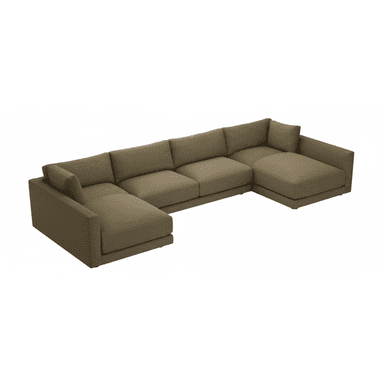 A large, modern U-shaped sectional sofa upholstered in a neutral olive-green fabric, featuring low backrests, wide track arms, and two integrated chaise lounge sections. — 3D model (AI enhanced source)