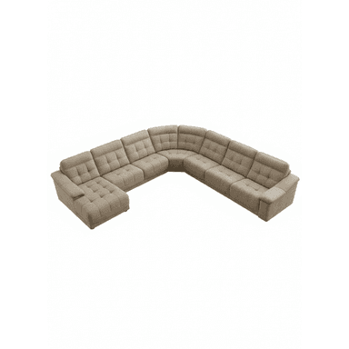 A contemporary modular U-shaped sectional sofa upholstered in a neutral beige woven fabric, featuring button-tufted seat and back cushions and integrated low-profile armrests. The configuration includes a chaise lounge on one end. — 3D model (AI enhanced source)