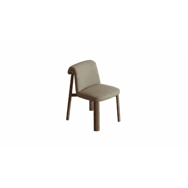 An armless dining chair featuring an upholstered seat and backrest, supported by a sturdy wooden frame. The backrest has a distinctive curved wooden element that connects to the rear legs, creating a unique profile. The legs are robust and cylindrical. — 3D model (AI enhanced source)