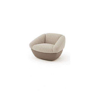 A contemporary club chair featuring a distinct rounded silhouette with a two-tone upholstery. The upper section, including the backrest, seat, and armrests, is upholstered in a light beige, textured fabric. The base of the chair is smoothly rounded and upholstered in a contrasting darker brown material, likely a synthetic leather. The chair has a deep, comfortable seat and integrated, wide armrests that flow seamlessly into the backrest, creating a cohesive barrel-like form. It appears to be a single, substantial piece without visible legs, resting directly on its rounded base. — 3D model (AI enhanced source)