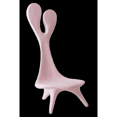 A sculptural, single-piece chair in a light pink hue, featuring a distinctive organic form with a high backrest that bifurcates into two rounded, ear-like lobes. The seat is smoothly sculpted, merging seamlessly into four robust, rounded legs. The entire piece has a matte finish. — 3D model (AI enhanced source)