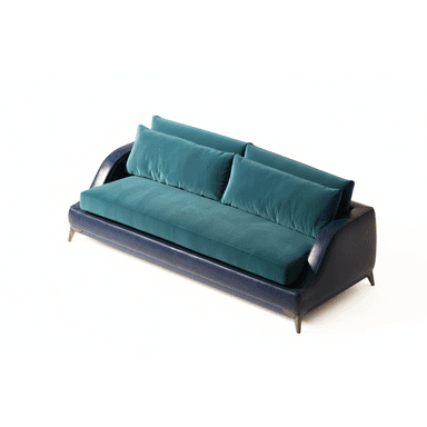 A modern sofa characterized by its distinctive two-tone design, featuring a dark blue leather or faux leather base and vibrant teal velvet cushions. It has subtly curved, integrated armrests and rests on short, angled wooden legs, suggesting a sleek, contemporary aesthetic. — 3D model (AI enhanced source)