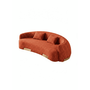 A contemporary, curved sofa with a textured, rust-orange upholstery. It features a subtle woven pattern within the fabric and is accented with polished brass trim at the base. Two matching throw pillows are included. — 3D model (AI enhanced source)