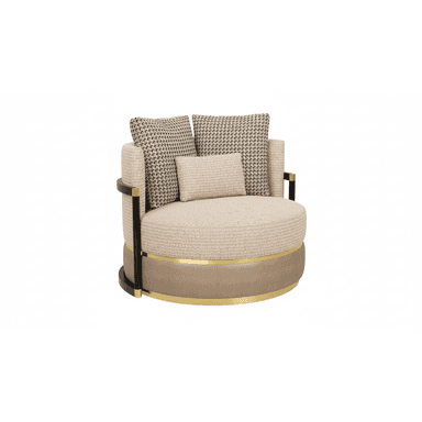 A contemporary round upholstered lounge chair featuring a deep, comfortable seat and multiple back cushions. The chair is distinguished by its light beige textured fabric, contrasting dark base, and prominent black frame elements with polished brass accents. It is designed for luxurious lounging. — 3D model (AI enhanced source)