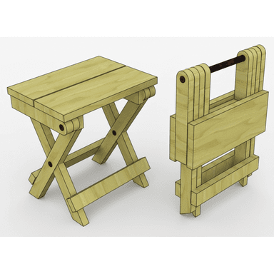 A wooden folding stool rendered in light wood, shown both in its open, ready-to-use state with an X-frame base, and in its collapsed, portable state featuring an integrated carry handle. — 3D model (AI enhanced source)