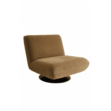A modern armless swivel lounge chair upholstered in a brown woven fabric, featuring a low profile and a circular black base. — 3D model (AI enhanced source)