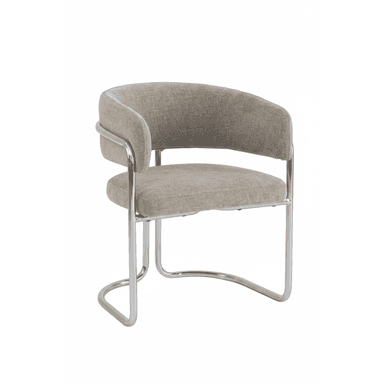 A modern upholstered armchair featuring a curved backrest and seat, supported by a polished chrome tubular steel cantilever frame. The upholstery is a light, neutral-toned fabric. — 3D model (AI enhanced source)