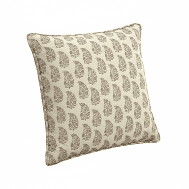 A square decorative throw pillow featuring a repetitive floral paisley pattern in muted tones of pink and taupe/brown on an off-white or cream background. The pillow has piped edges, indicating a finished and tailored look. It appears to be made from a soft fabric, likely cotton or a blend, and is plumply filled. — 3D model (AI enhanced source)