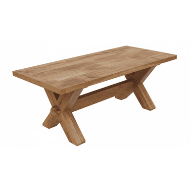 A sturdy, rectangular wooden bench with two X-shaped trestle bases connected by a central stretcher. — 3D model (AI enhanced source)