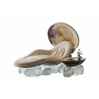 A highly sculptural lounge chair featuring an iridescent shell-like backrest and a contoured upholstered seat, supported by a clear resin base resembling ice blocks. An integrated organic-shaped side table with a small vase and book completes the ensemble. — 3D model (AI enhanced source)