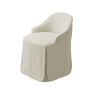 A fully upholstered cream-colored accent chair featuring a waterfall skirt concealing its legs. The chair has a low, curved backrest and integrated scrolled armrests, providing a compact and refined silhouette. — 3D model (AI enhanced source)