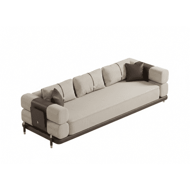 A contemporary upholstered sofa featuring a long, rectangular form. The main upholstery is a light beige fabric with fine vertical stripes, contrasted by dark brown leather or faux leather accents on the base, armrests, and throw pillows. The backrest is composed of multiple individual vertical cushions, some secured by dark brown straps. The armrests are structured with stacked rectangular upholstered modules, accented with dark brown panels. The sofa is supported by subtle, short metallic legs in a brass finish. — 3D model (AI enhanced source)
