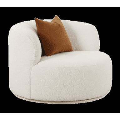 A modern, generously rounded swivel lounge chair upholstered in cream-colored boucle fabric, featuring a wide, plush seat and a single integrated armrest/backrest. It includes a contrasting rust-colored velvet throw pillow. — 3D model (AI enhanced source)