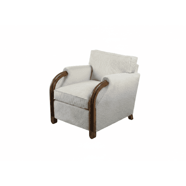 An Art Deco-inspired armchair featuring a plush hair-on-hide upholstery in an off-white or cream color, complemented by distinctive bentwood arms in a dark wood finish. The chair has a squared silhouette, a separate seat cushion, and a removable back cushion, all upholstered in the same material. Its design showcases elegant curves in the armrests contrasted with the rectilinear form of the body. — 3D model (AI enhanced source)