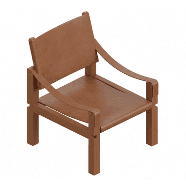 A modern lounge chair featuring a sturdy wooden frame and suspended brown leather elements forming the seat, backrest, and armrests. The design emphasizes natural materials and clean lines, offering a relaxed seating posture. — 3D model (AI enhanced source)