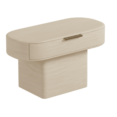 A modern, light wood nightstand with an oval-shaped top surface and an integrated drawer, supported by a rectangular block base. The design features rounded edges and a minimalist aesthetic. — 3D model (AI enhanced source)