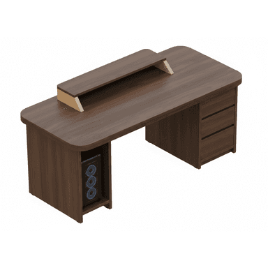 A modern computer desk in a dark wood-look laminate finish, featuring an integrated monitor riser with contrasting lighter wood supports, a dedicated open compartment for a CPU tower, and a three-drawer storage unit. The desk has rounded edges for a sleek appearance and enhanced safety. — 3D model (AI enhanced source)