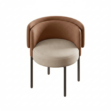 A contemporary accent chair featuring a rounded, enveloping backrest and seat, upholstered in contrasting dual tones. The chair is supported by four slender, straight black metal legs. — 3D model (AI enhanced source)