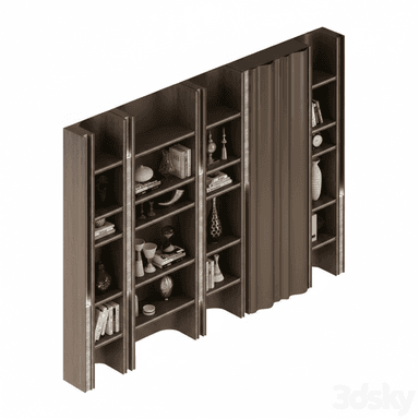 A sophisticated modular shelving system designed for display and storage, featuring multiple vertical sections with fixed shelves. The unit incorporates a central fluted or pleated decorative panel, possibly a door or a screen element, adding a unique textural contrast. It is finished in a dark wood, possibly veneer, with lighter accent strips, and some sections include integrated lighting. — 3D model (AI enhanced source)