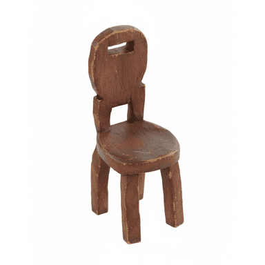 A small, rustic wooden chair featuring a round seat, four splayed legs, and a carved backrest with an integrated handle. — 3D model (AI enhanced source)