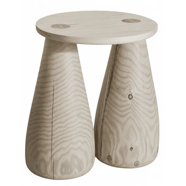 A modern sculptural stool made from light-toned wood, featuring a round top surface supported by two distinct conical legs. The wood has a visible, natural grain with knots. — 3D model (AI enhanced source)