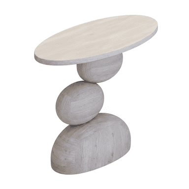 A contemporary accent table featuring a sculptural base composed of three stacked, organically shaped elements, tapering from a broader bottom piece to a narrower top element, which supports an oval tabletop. The entire piece is finished in a light, whitewashed wood tone, revealing subtle wood grain texture. — 3D model (AI enhanced source)