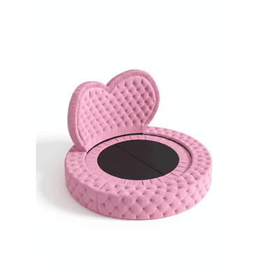 A lavish pink, round upholstered bed featuring deep button tufting across its entire frame and a distinctive heart-shaped headboard. The bed is upholstered in a soft, plush fabric, likely velvet, and the central sleeping area is recessed with a dark, possibly black, base. — 3D model (AI enhanced source)