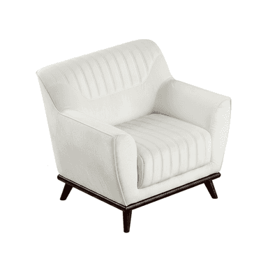 A modern upholstered armchair featuring channel tufting on the backrest and seat, rendered in an off-white or cream fabric. The chair has a sleek, rounded profile with fixed, padded armrests. It is supported by a dark-stained wooden frame base with four splayed, tapered legs, giving it a contemporary yet mid-century inspired aesthetic. — 3D model (AI enhanced source)