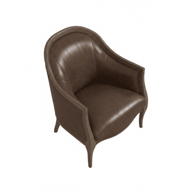 A traditional-style accent armchair featuring a curved barrel back and armrests, upholstered in dark brown leather, with an exposed, distressed wooden frame and subtly curved legs. — 3D model (AI enhanced source)
