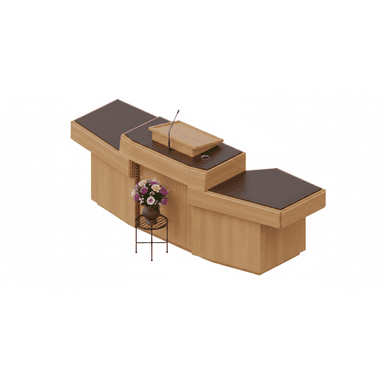 A tiered wooden reception desk with dark brown faux leather inlays on its surfaces, featuring an integrated podium with a gooseneck microphone. A small black metal plant stand with a vase of flowers is placed next to it. — 3D model (AI enhanced source)