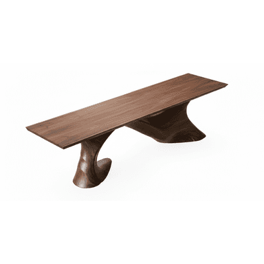 A long, narrow bench crafted from dark wood, featuring a highly sculptural and fluid base that supports a clean, rectangular top. — 3D model (AI enhanced source)