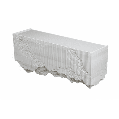 An elongated, rectangular console cabinet featuring a highly textured and sculptural facade and underside, finished entirely in matte white. The top surface is smooth, contrasting with the three-dimensional, relief-carved front and bottom edges that evoke natural rock formations or stratified landscapes. — 3D model (AI enhanced source)