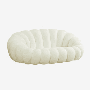 A low-profile, cream-colored upholstered loveseat featuring a distinctive channeled or 'bubble' design. The seating unit consists of deeply cushioned, rounded segments that form the backrest, arms, and seat, creating a continuous, organic form. The absence of visible legs gives it a grounded appearance. — 3D model (AI enhanced source)