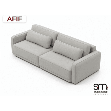 A modern, modular two-piece sectional sofa upholstered in light gray fabric. Each module features low-profile arms and backrests with clean lines and piping details. The sofa includes rectangular bolster pillows for back support, resting against fixed back cushions. The overall design is minimalist and contemporary, with a solid, blocky silhouette. — 3D model (AI enhanced source)