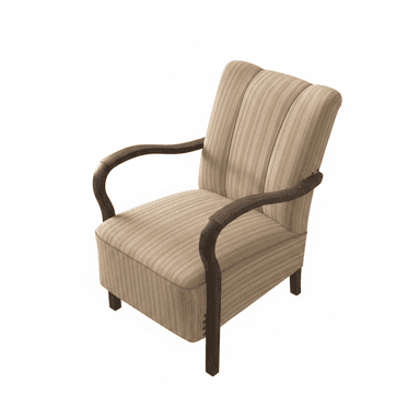 A vintage armchair with a high, channeled back and padded seat. The chair features curved wooden armrests and legs. The upholstery is a striped fabric in neutral tones. — 3D model (AI enhanced source)